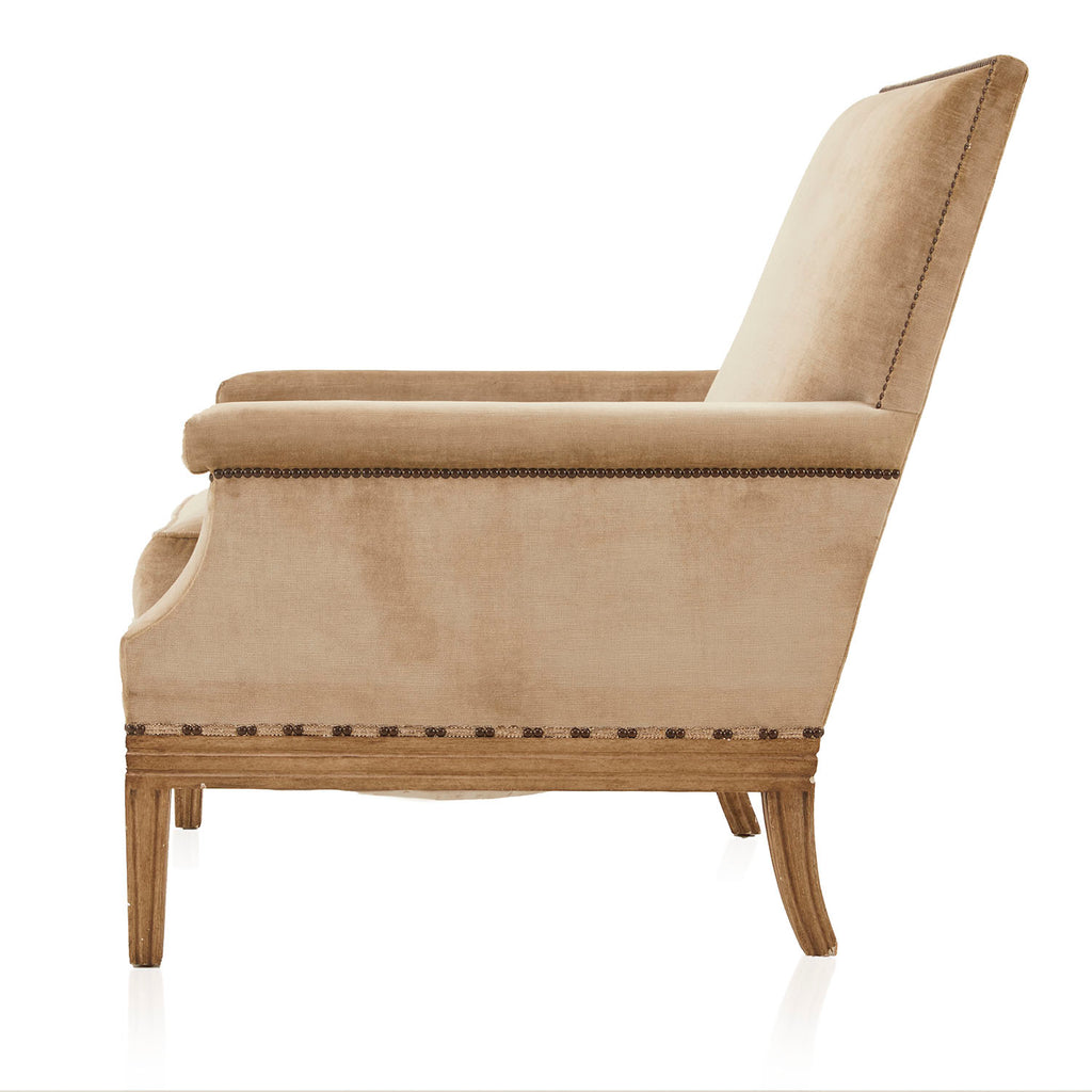 Beige Velvet Armchair with Nailhead Trim