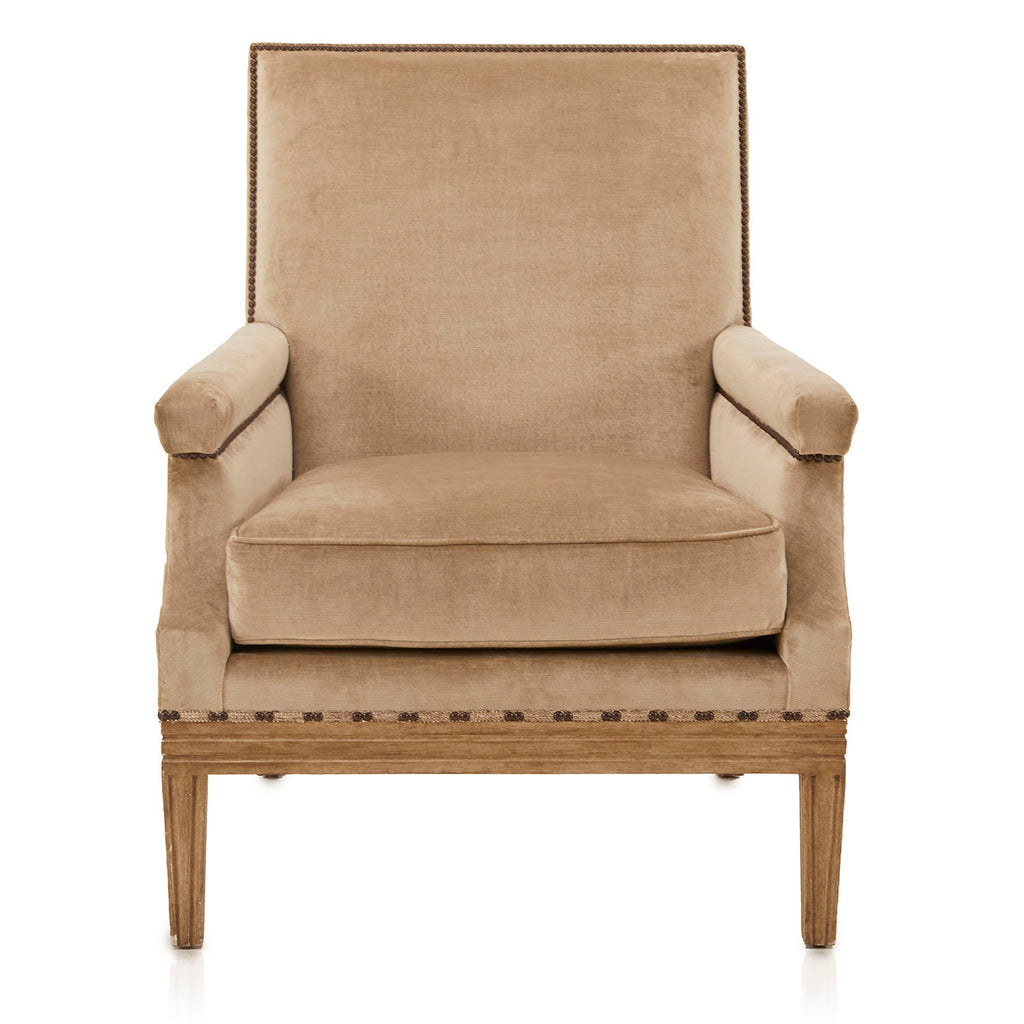 Beige Velvet Armchair with Nailhead Trim