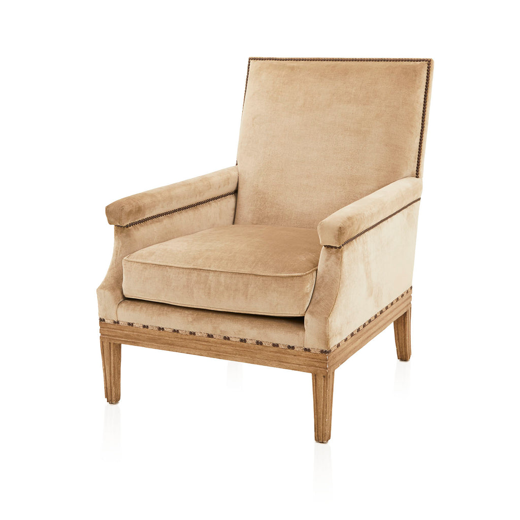 Beige Velvet Armchair with Nailhead Trim