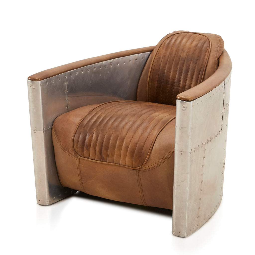 Brown Leather & Steel Patchwork Aviator Armchair