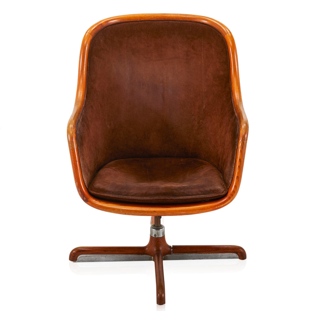 Brown Suede Curved Wood Swivel Chair