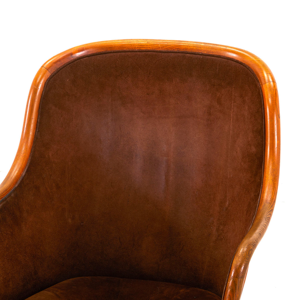 Brown Suede Curved Wood Swivel Chair