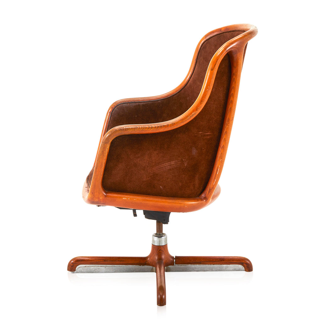 Brown Suede Curved Wood Swivel Chair
