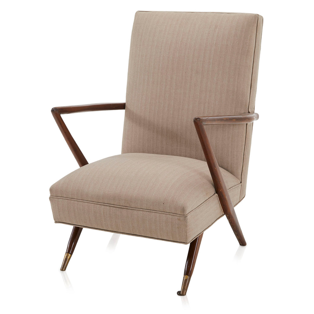 Tan Fabric Wood Angled Arm Chair