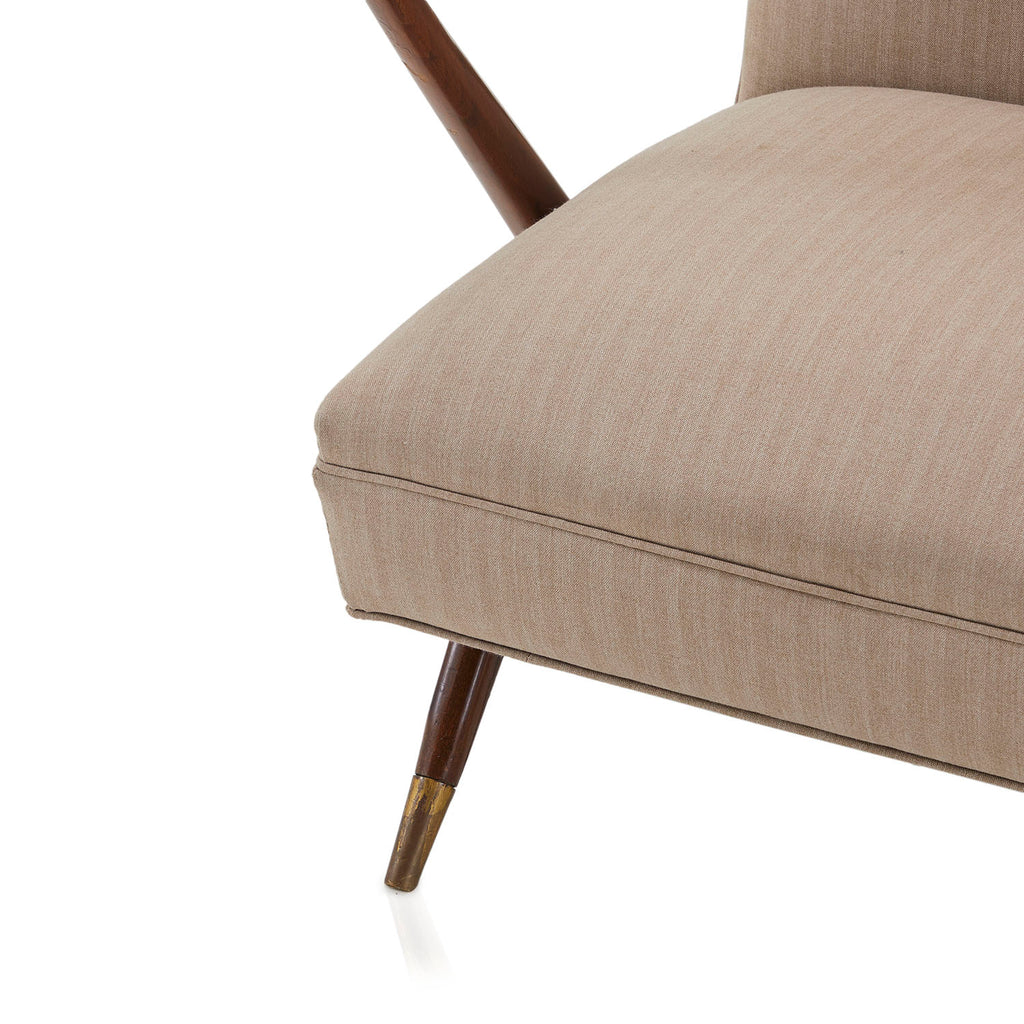 Tan Fabric Wood Angled Arm Chair