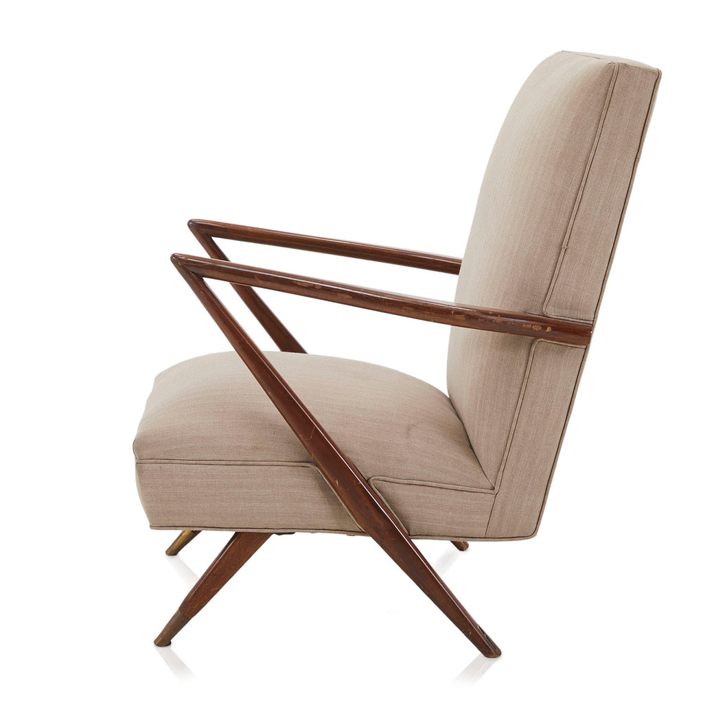 Tan Fabric Wood Angled Arm Chair