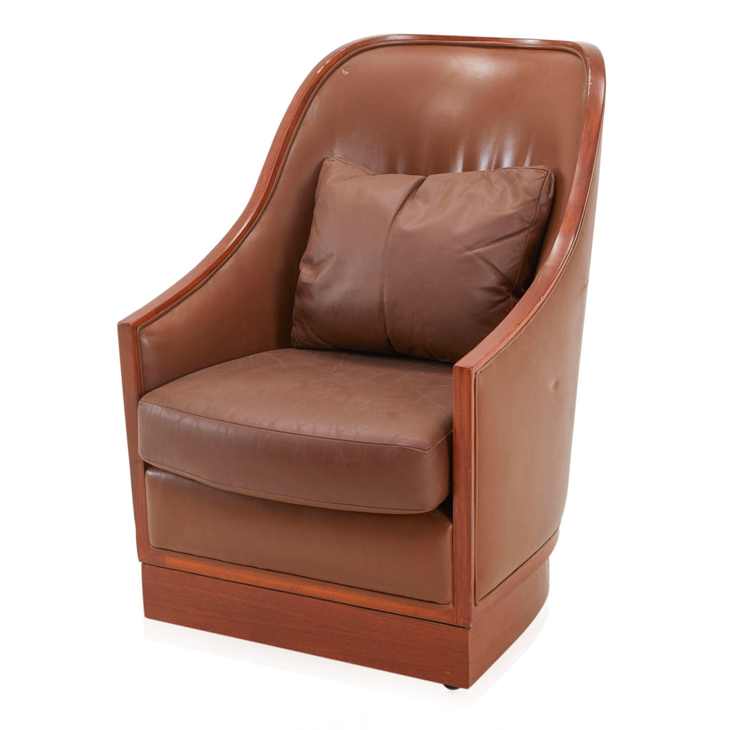 Brown Leather Wood Trim Sloped Armchair