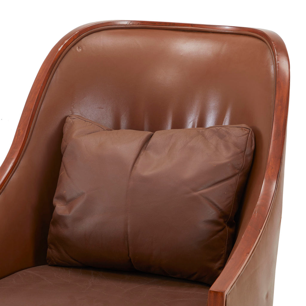 Brown Leather Wood Trim Sloped Armchair