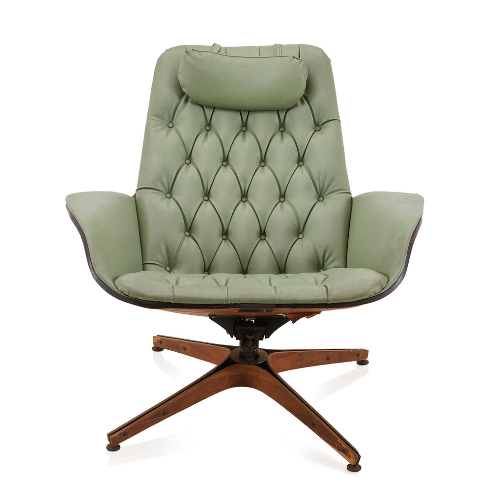 Green Tufted Leather & Wood Modern Lounge Chair