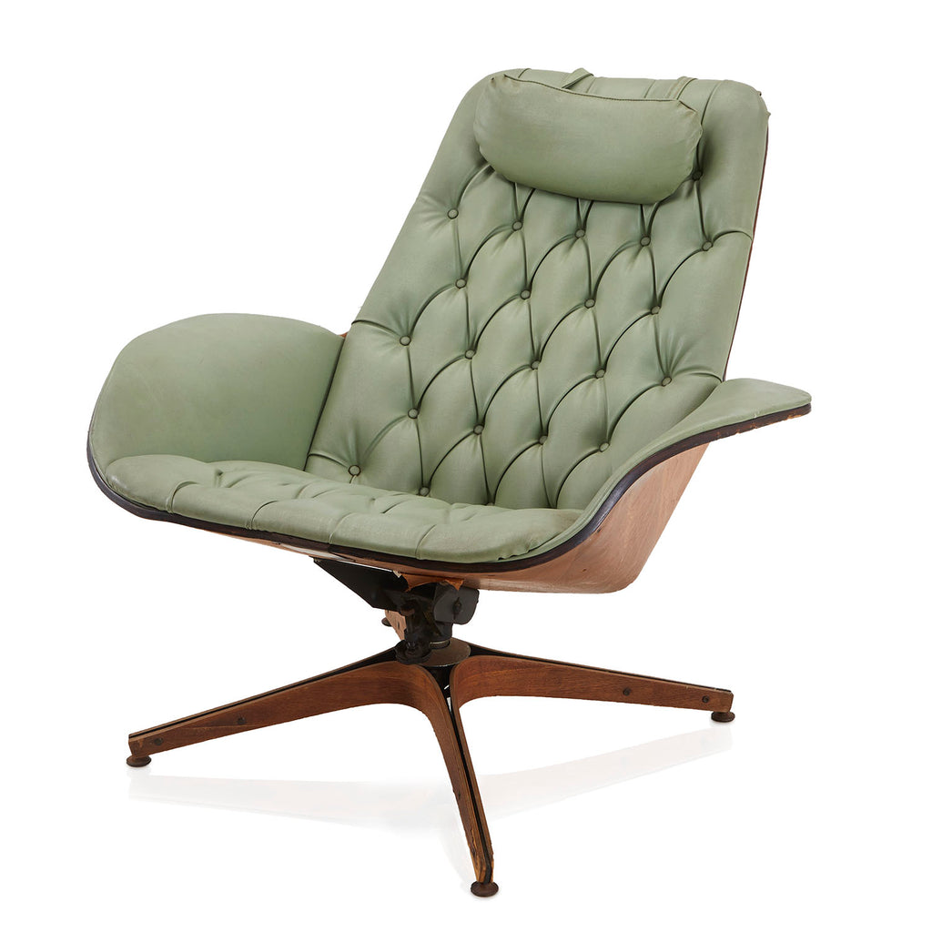Green Tufted Leather & Wood Modern Lounge Chair