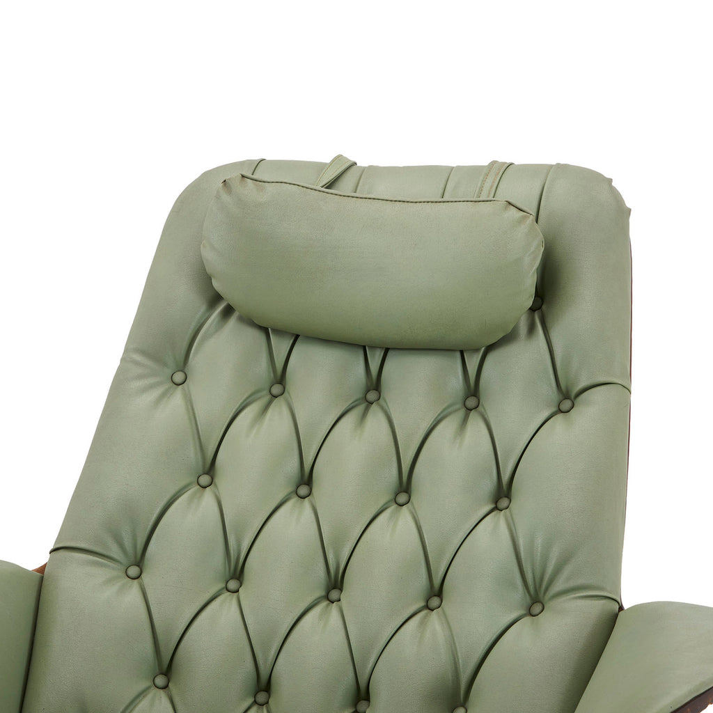 Green Tufted Leather & Wood Modern Lounge Chair