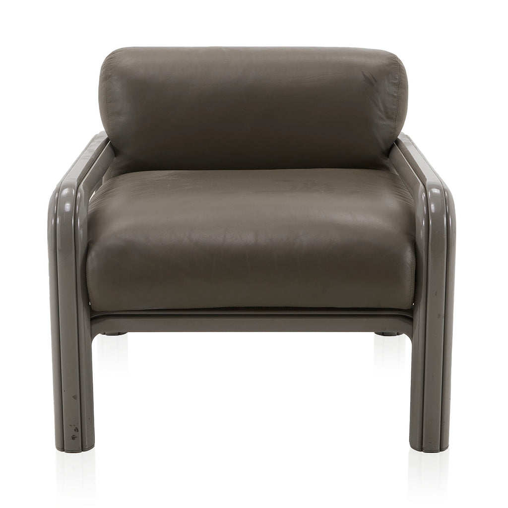 Wide Grey Leather 80s Lounge Chair