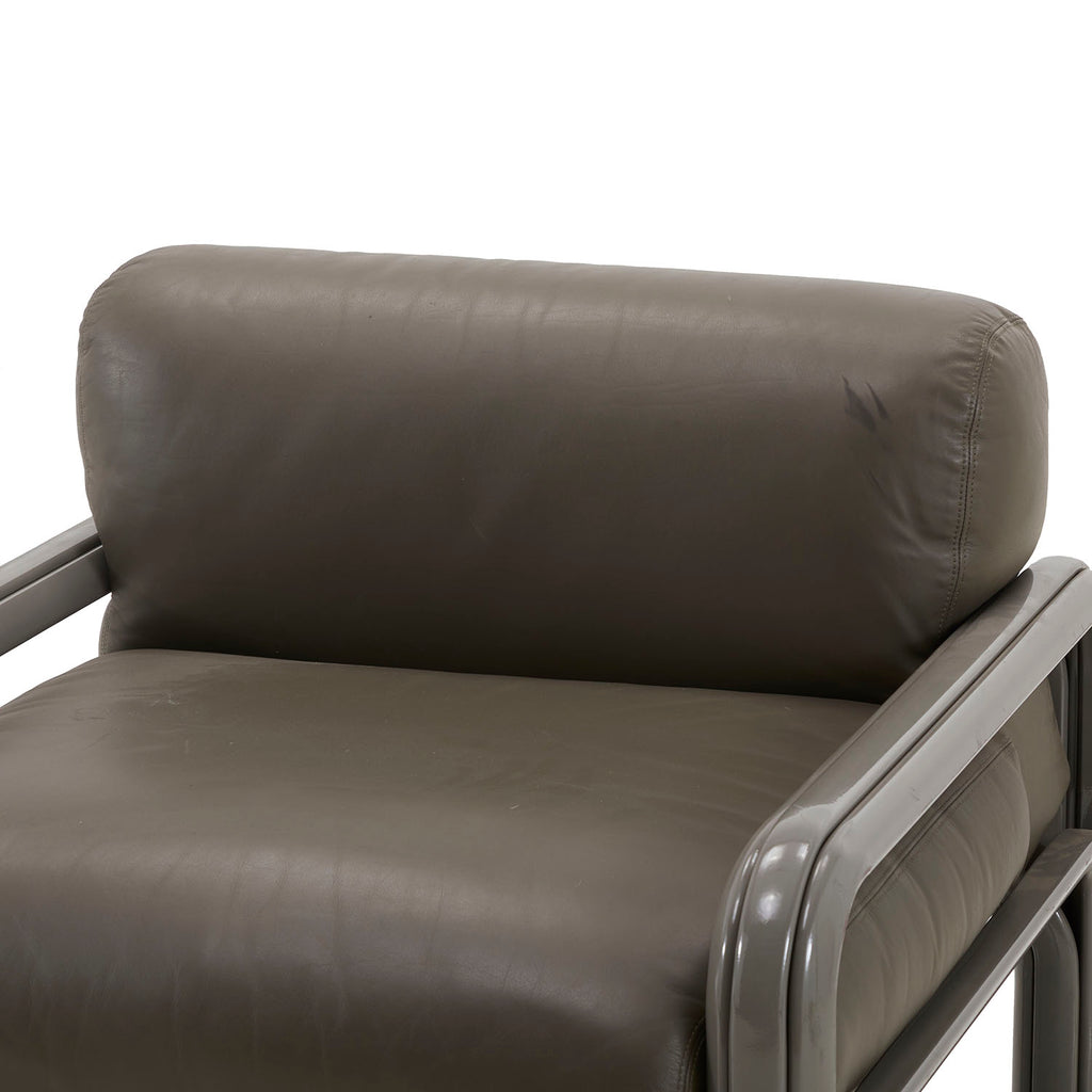 Wide Grey Leather 80s Lounge Chair