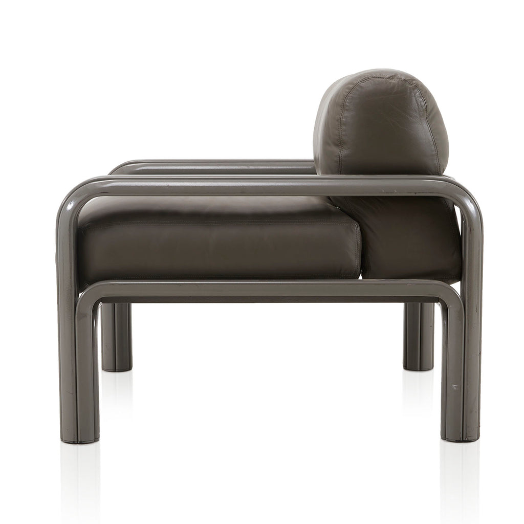 Wide Grey Leather 80s Lounge Chair