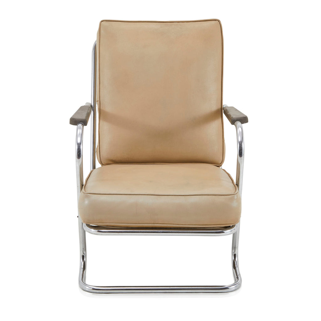 Tan Leather Armchair with Chrome Frame