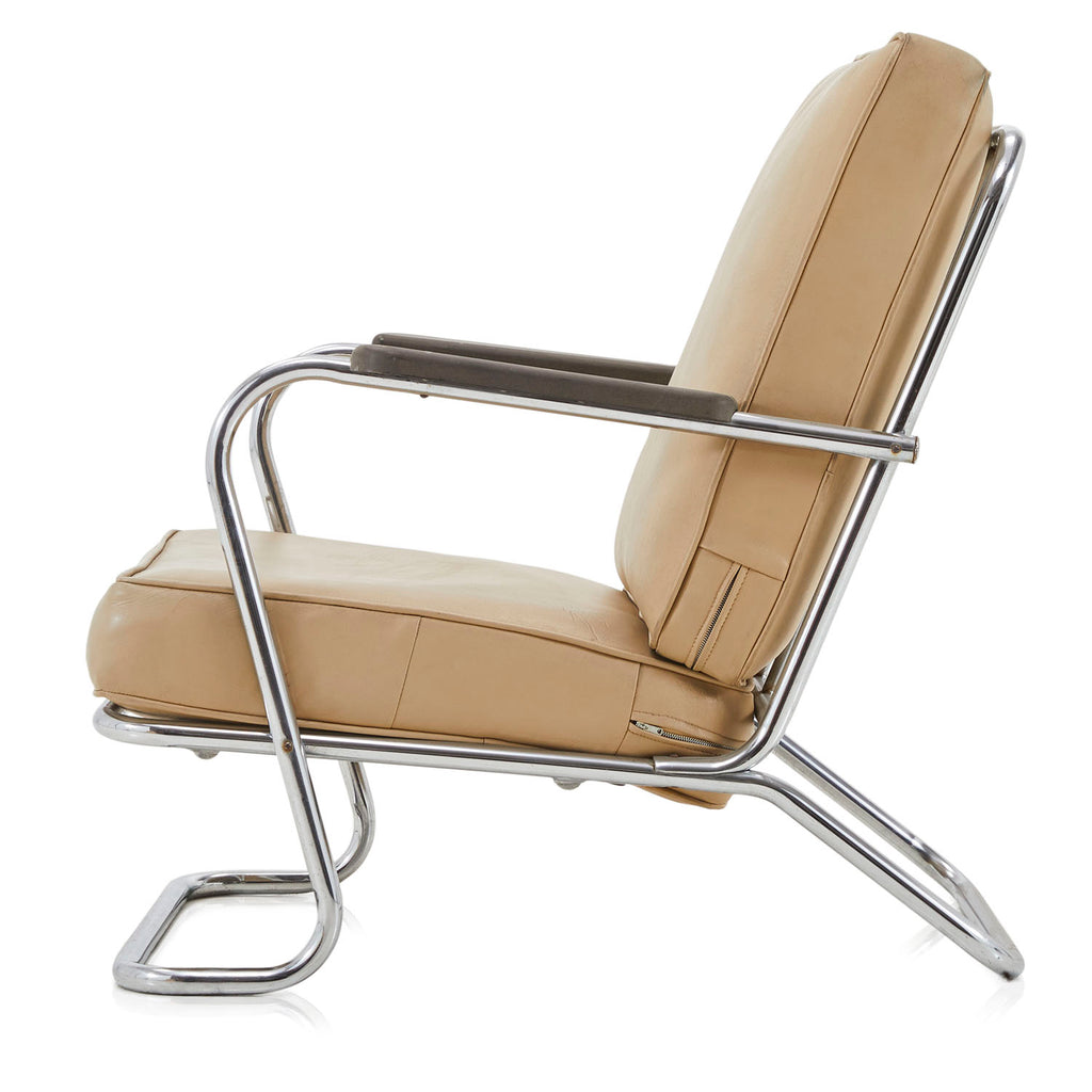 Tan Leather Armchair with Chrome Frame