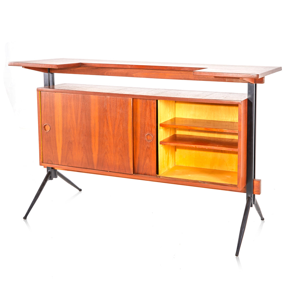 Mid-Century Wood and Black V Leg Bar
