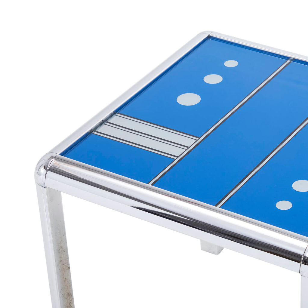 Small Square Blue Domino Side Table w Chrome Frame