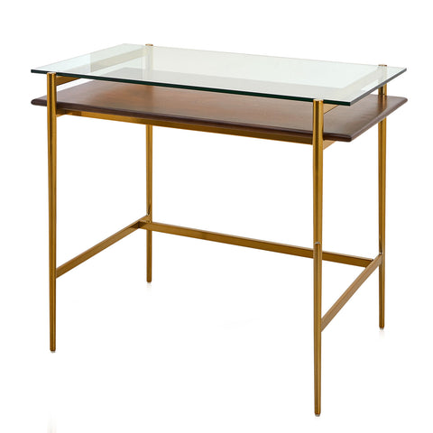 Modern Two-Tier Glass and Brass Desk Console Table