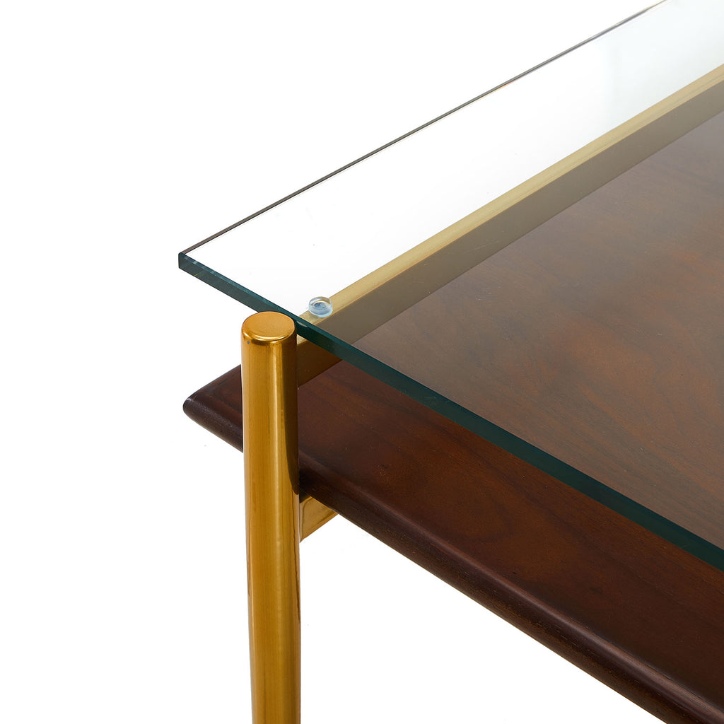Modern Two-Tier Glass and Brass Desk Console Table