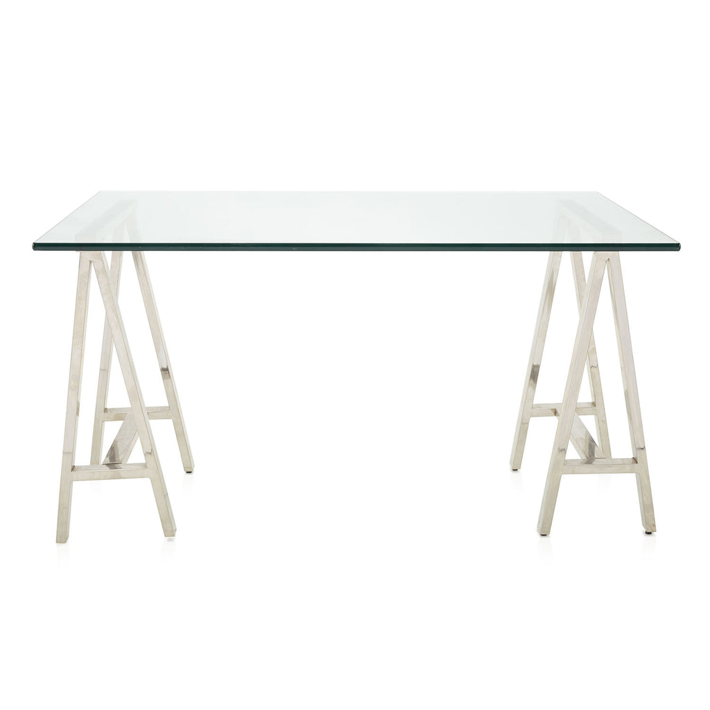 Rectangle Glass and Chrome Sawhorse Dining Table