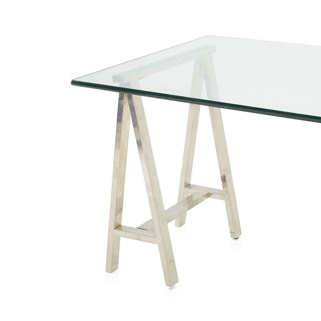 Rectangle Glass and Chrome Sawhorse Dining Table