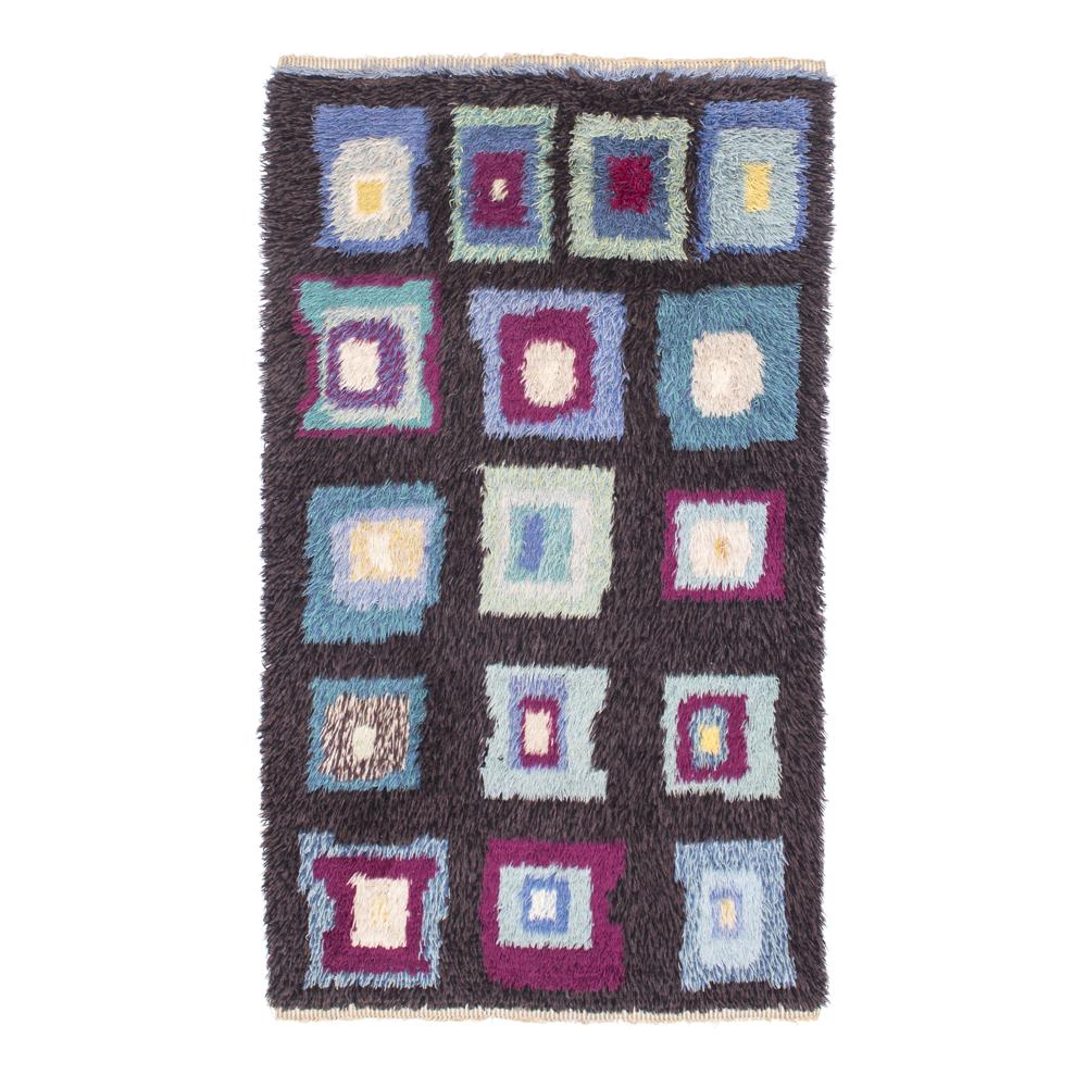 Small Purple and Blue Squares Vintage Shag Rug