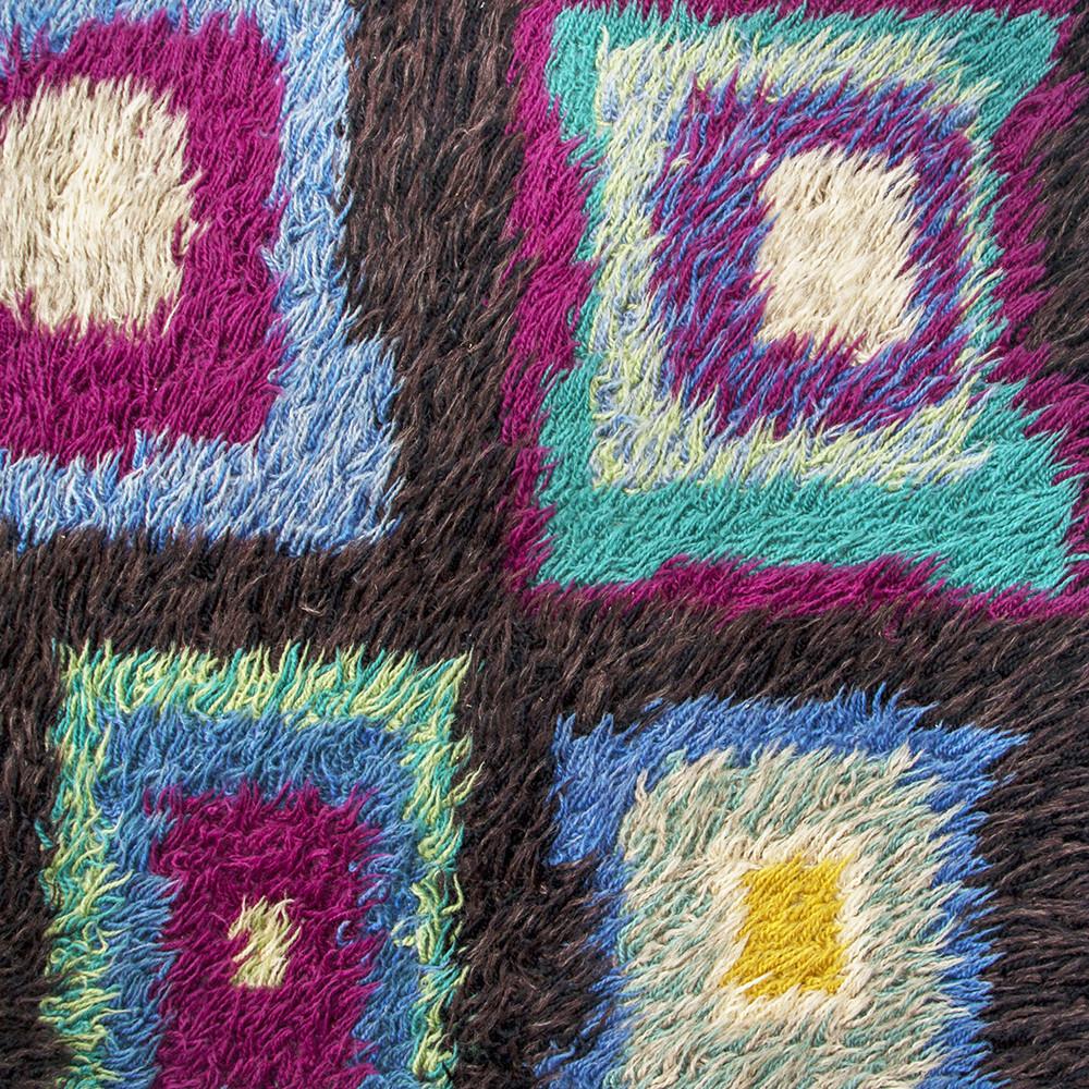 Small Purple and Blue Squares Vintage Shag Rug