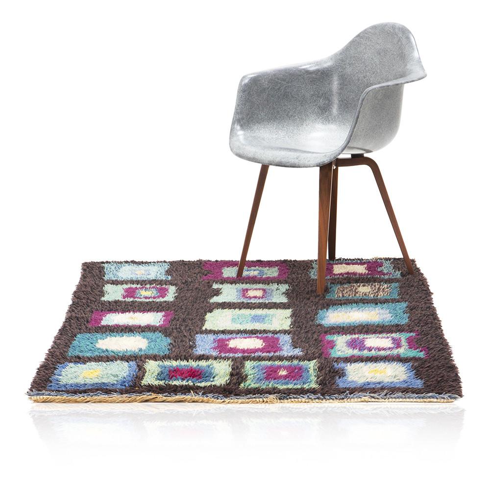 Small Purple and Blue Squares Vintage Shag Rug