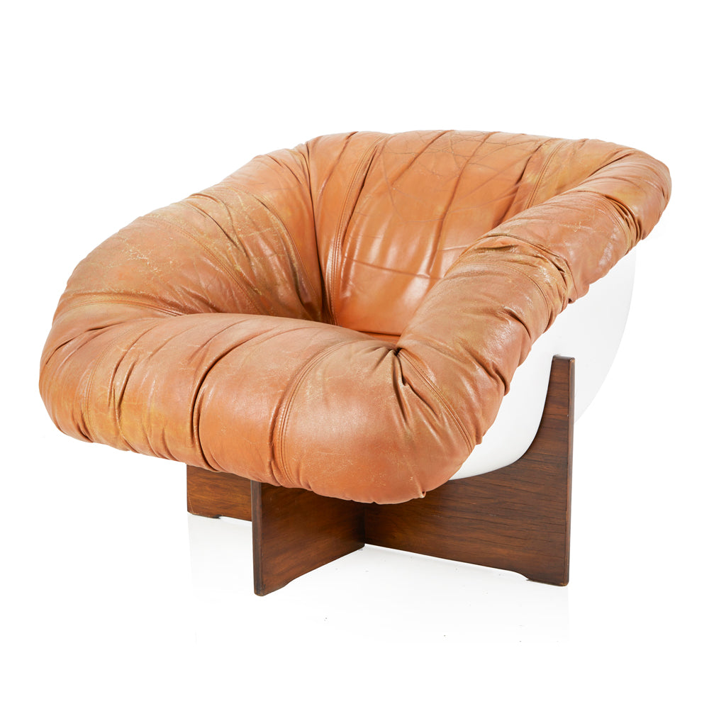 Brown Cracked Leather Scoop Lounge Chair