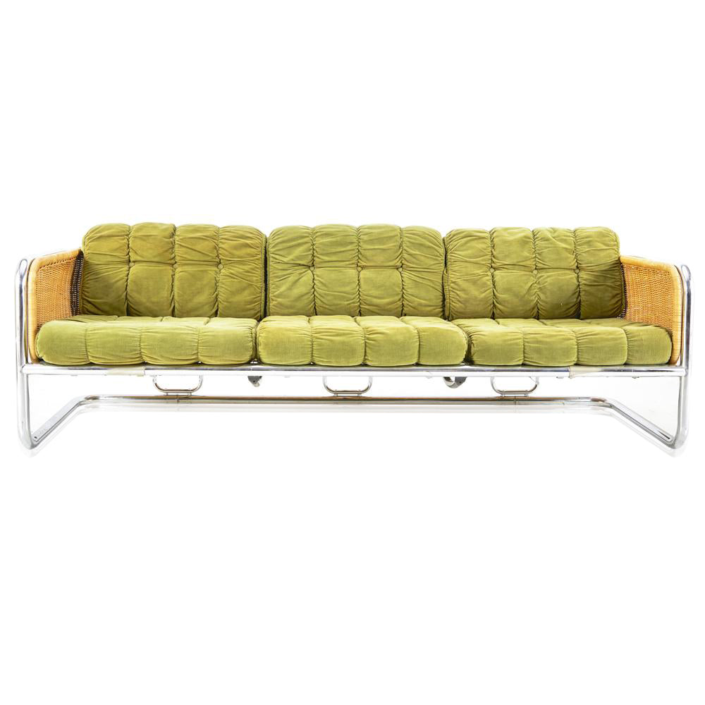 Green Fabric Chrome Frame Vintage Sofa