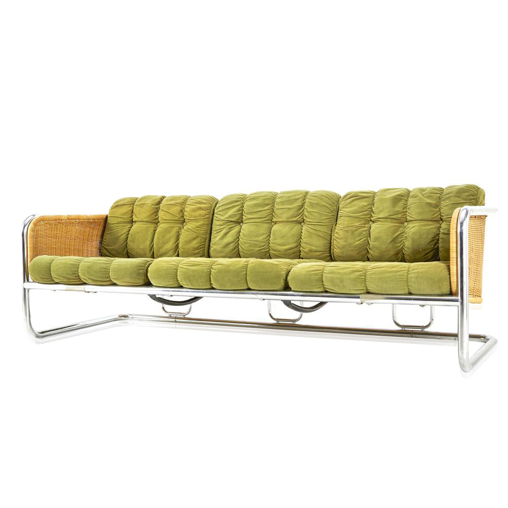 Green Fabric Chrome Frame Vintage Sofa