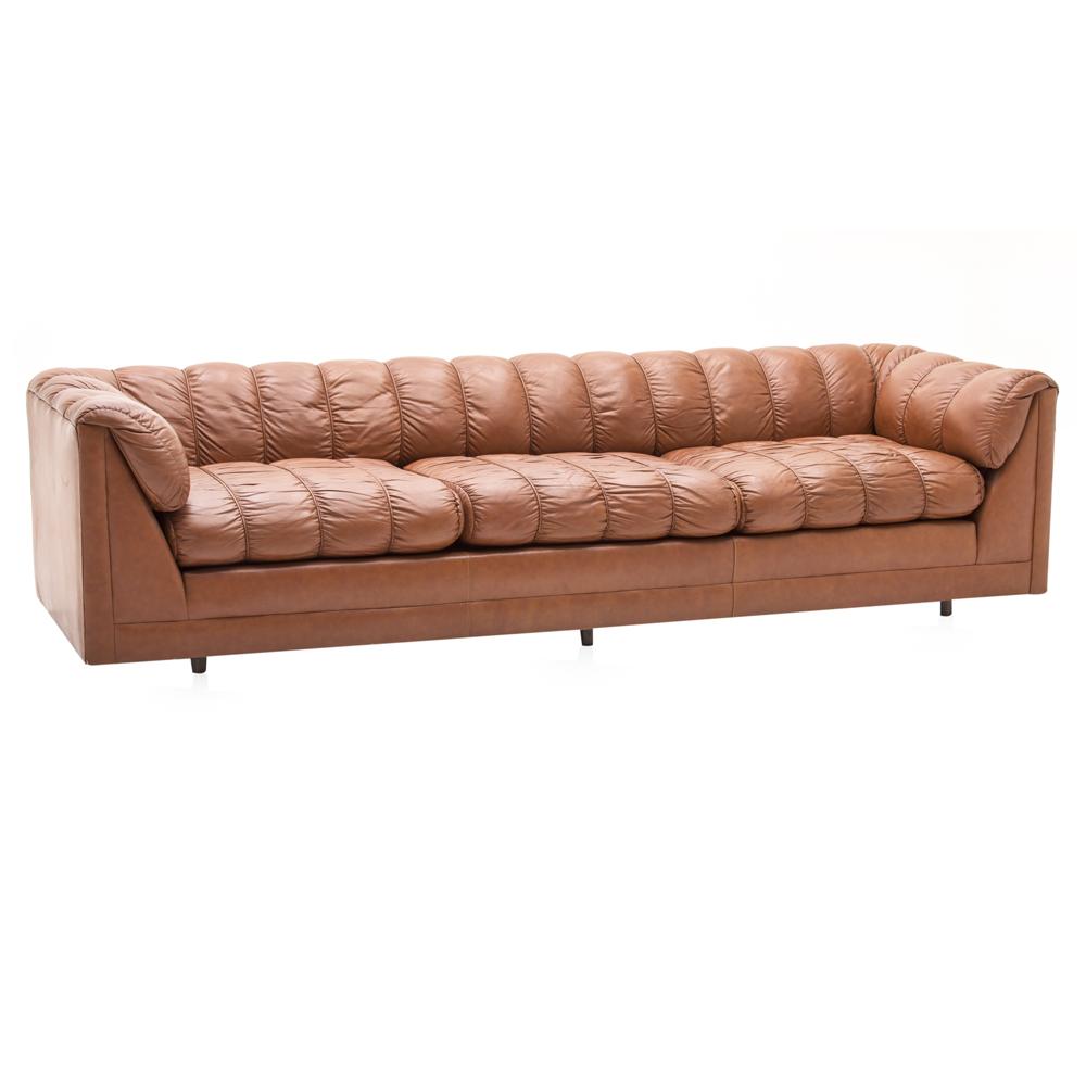 Brown Worn Leather Channel Tufted Sofa