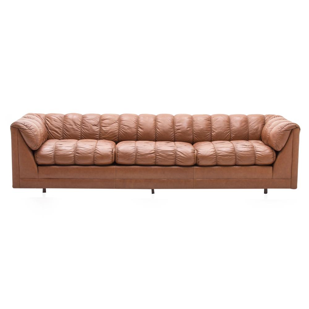 Brown Worn Leather Channel Tufted Sofa