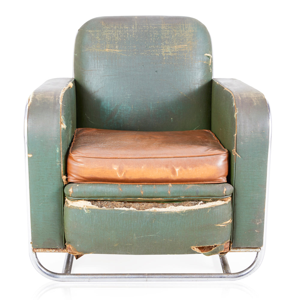 Distressed Green Leather Armchair
