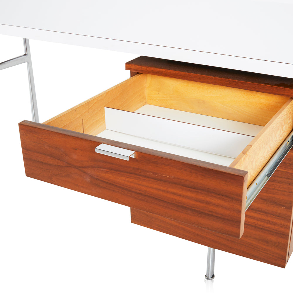 White Top Desk with One Side of Wood Drawers