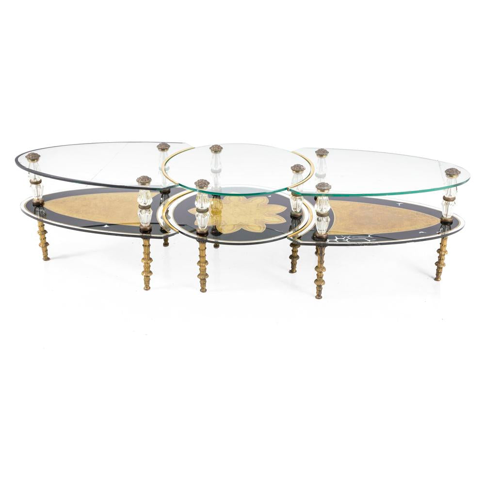 Ornate Black Gold Glass 3-Piece Coffee Table