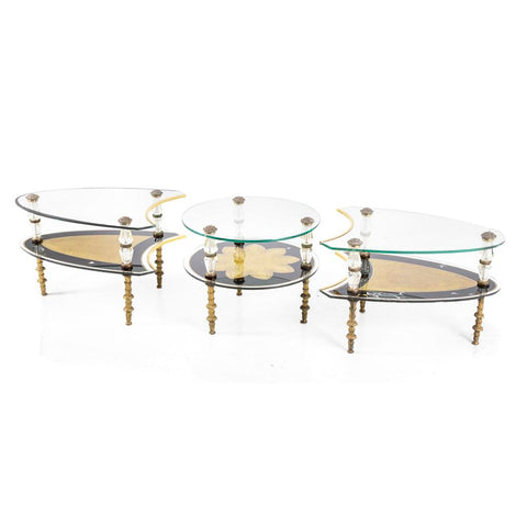 Ornate Black Gold Glass 3-Piece Coffee Table