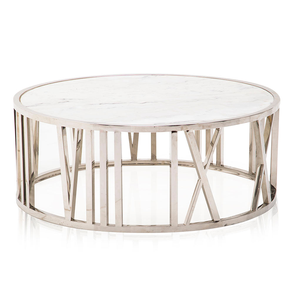 White Marble & Chrome Circle Roman Numeral Coffee Table