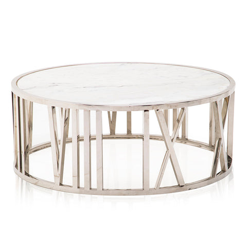 White Marble & Chrome Circle Roman Numeral Coffee Table