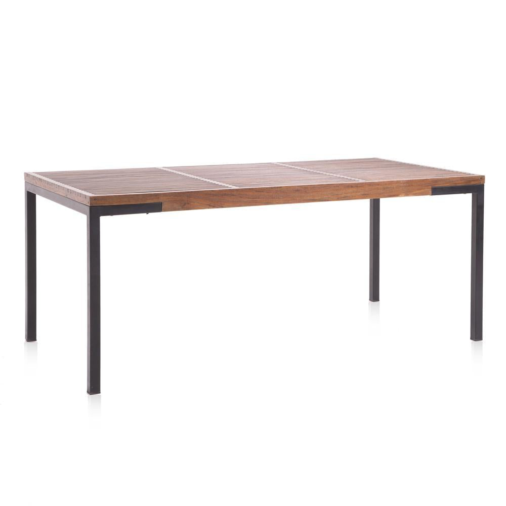 Wood Slat and Black Metal Outdoor Dining Table
