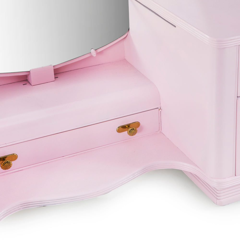 Pink Vanity Table with Large Round Mirror