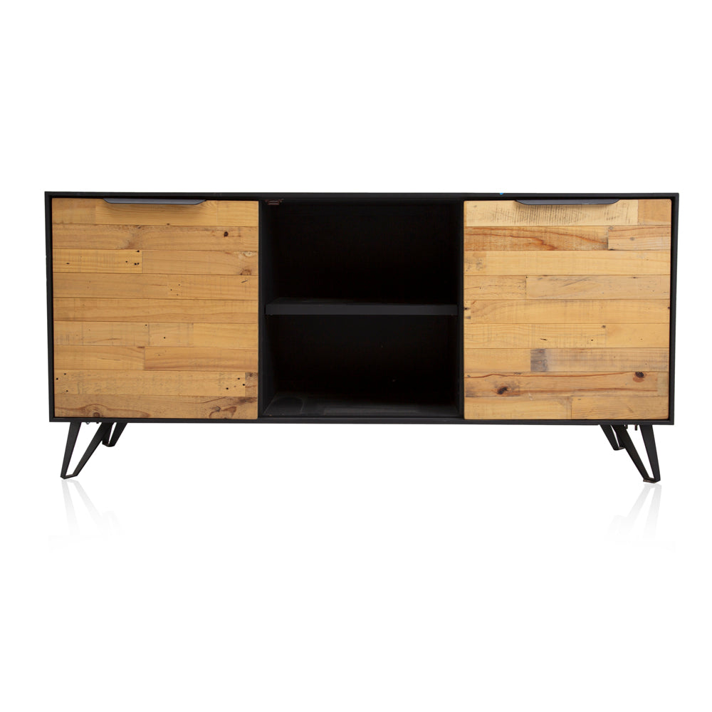 Black + Light Wood Paneled Media Cabinet Credenza