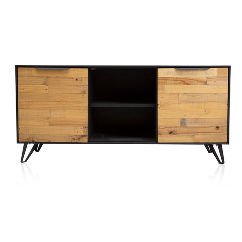 Black + Light Wood Paneled Media Cabinet Credenza