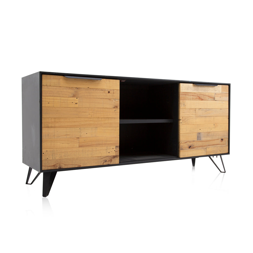 Black + Light Wood Paneled Media Cabinet Credenza