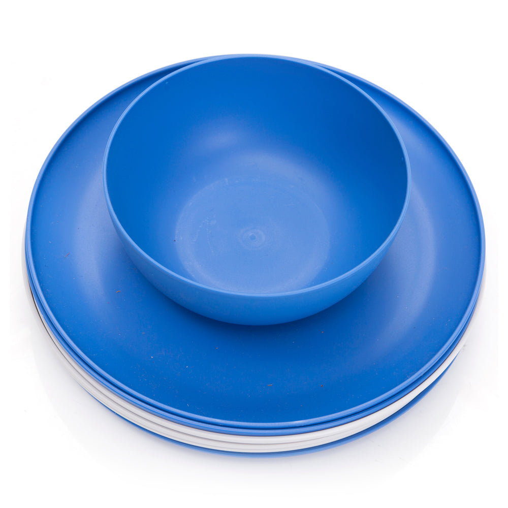 Blue and White Plastic Bowl and Plate Set