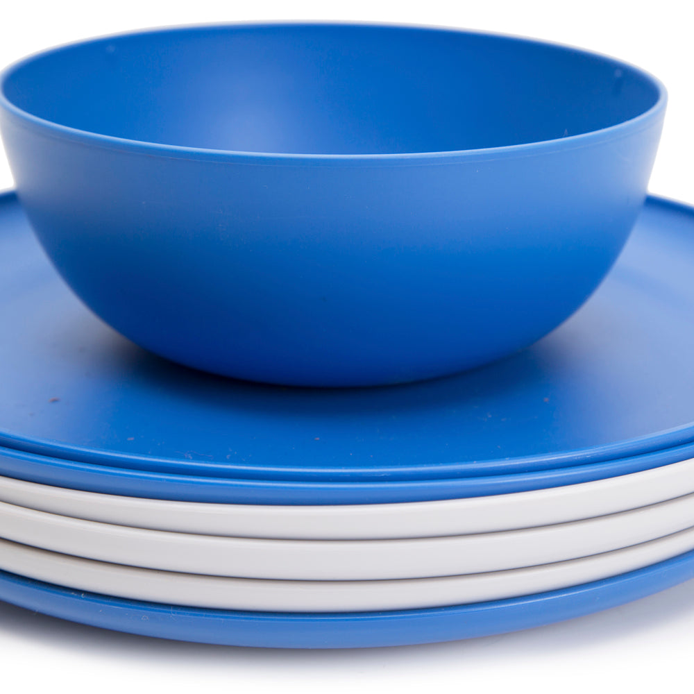 Blue and White Plastic Bowl and Plate Set