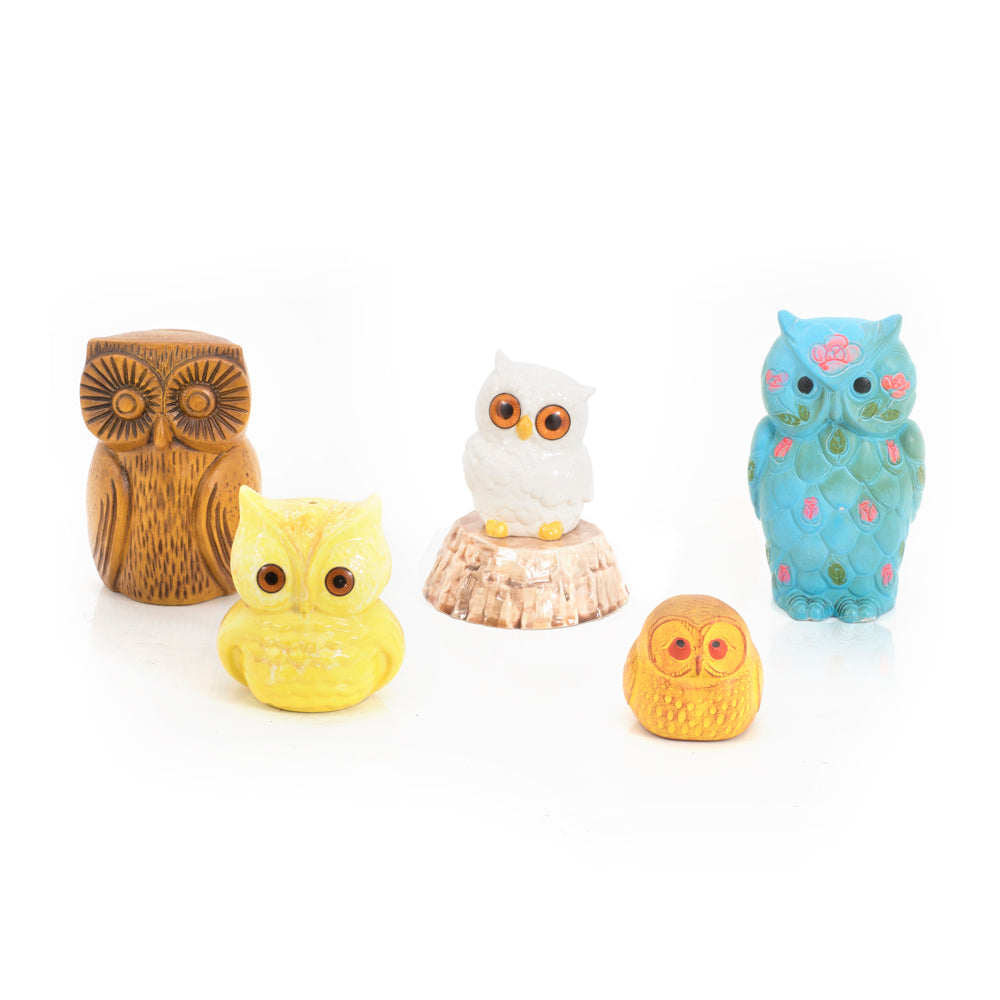 Set of 5 Colorful Ceramic Owls (A+D)