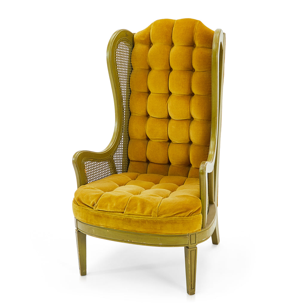 Yellow Velvet & Green Wood Tufted Hi-Back Chair