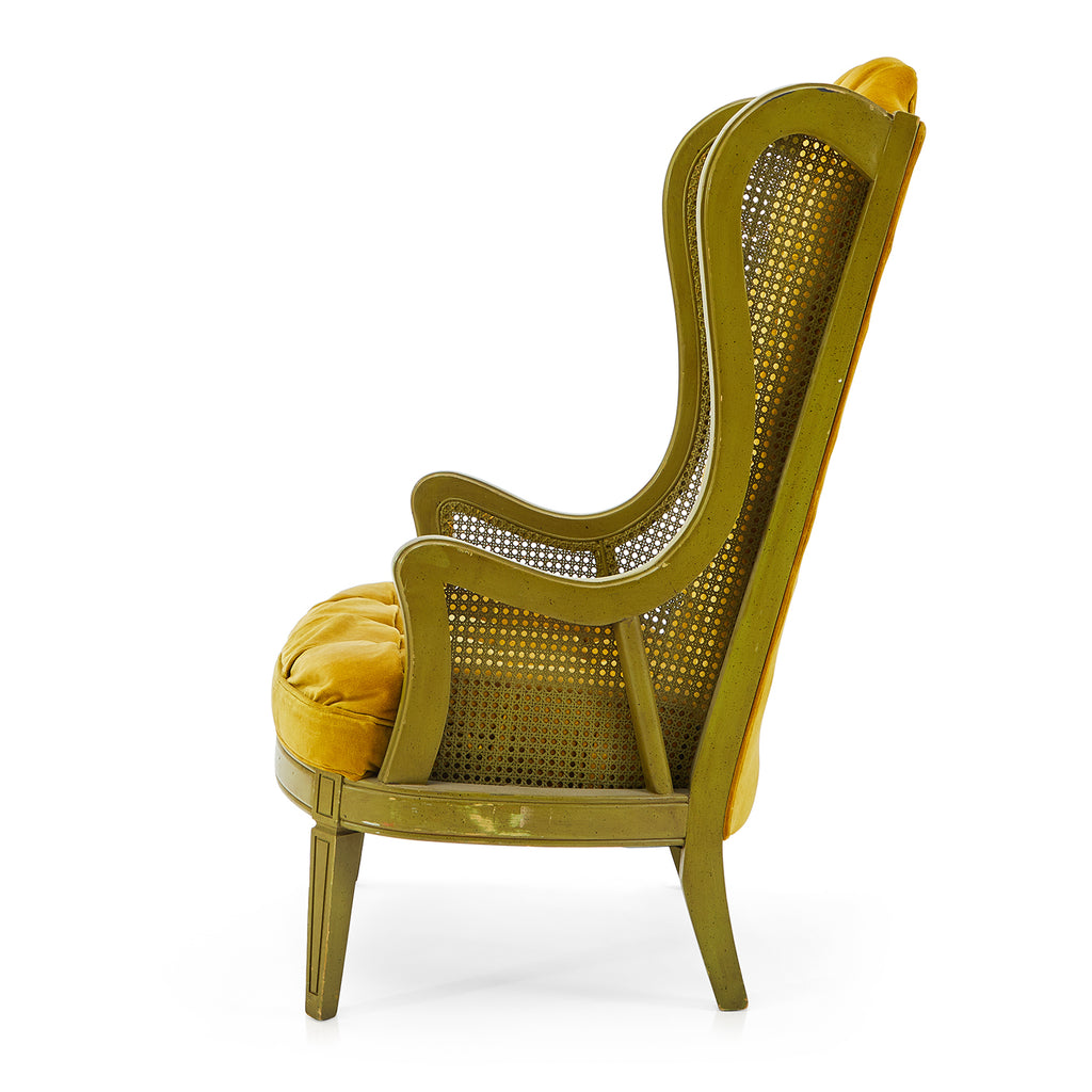 Yellow Velvet & Green Wood Tufted Hi-Back Chair